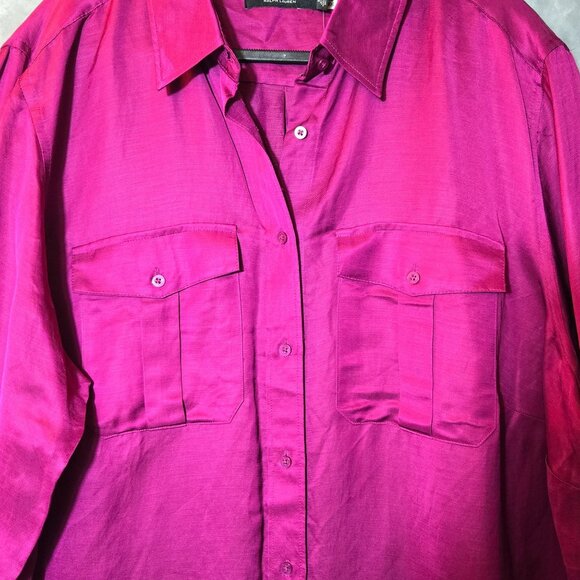 Ralph Lauren Plus Size Satin Long Sleeve Buttoned Top Fuchsia Pink 2X NWT - Picture 4 of 8